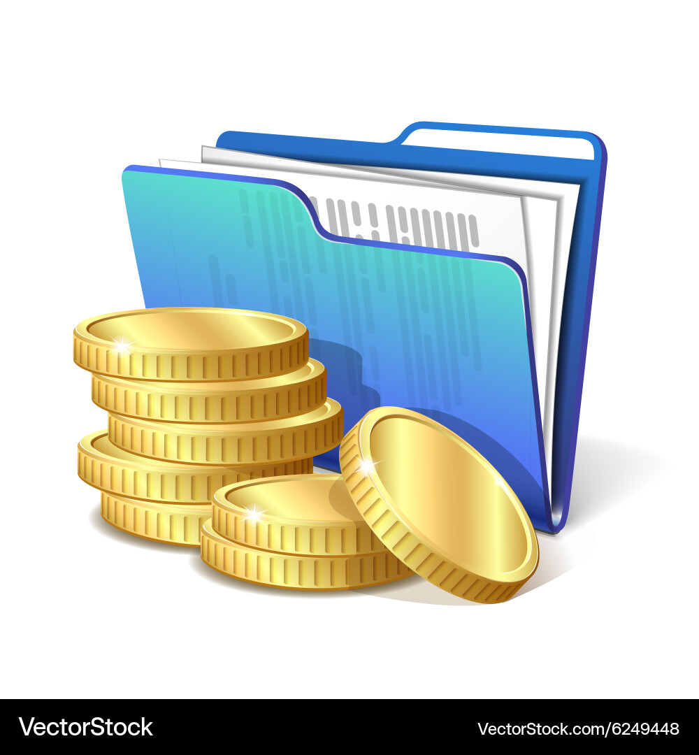 Stack of gold coins next to folder with documents vector image