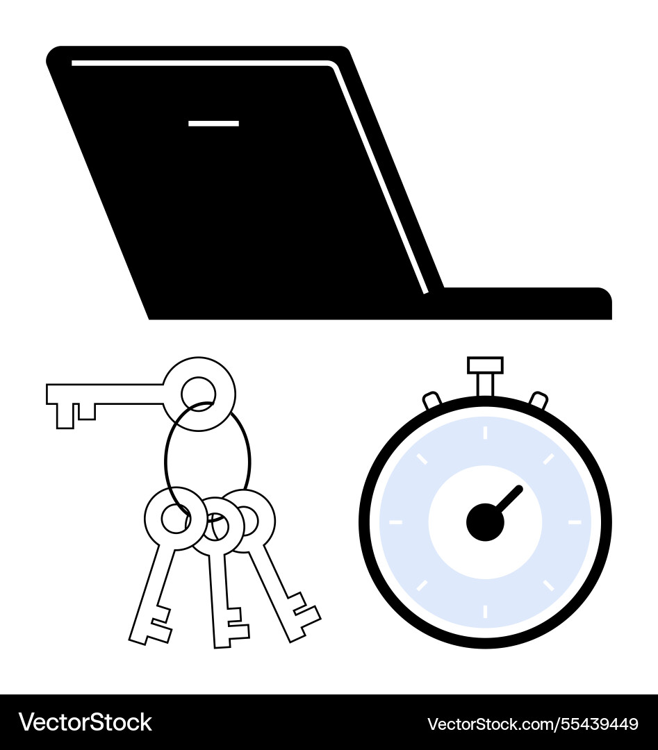 Laptop keys and stopwatch representing security Laptop keys and stopwatch representing security vector image