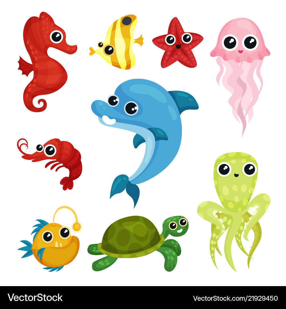 Adorable Marine Animals Set Vector Image