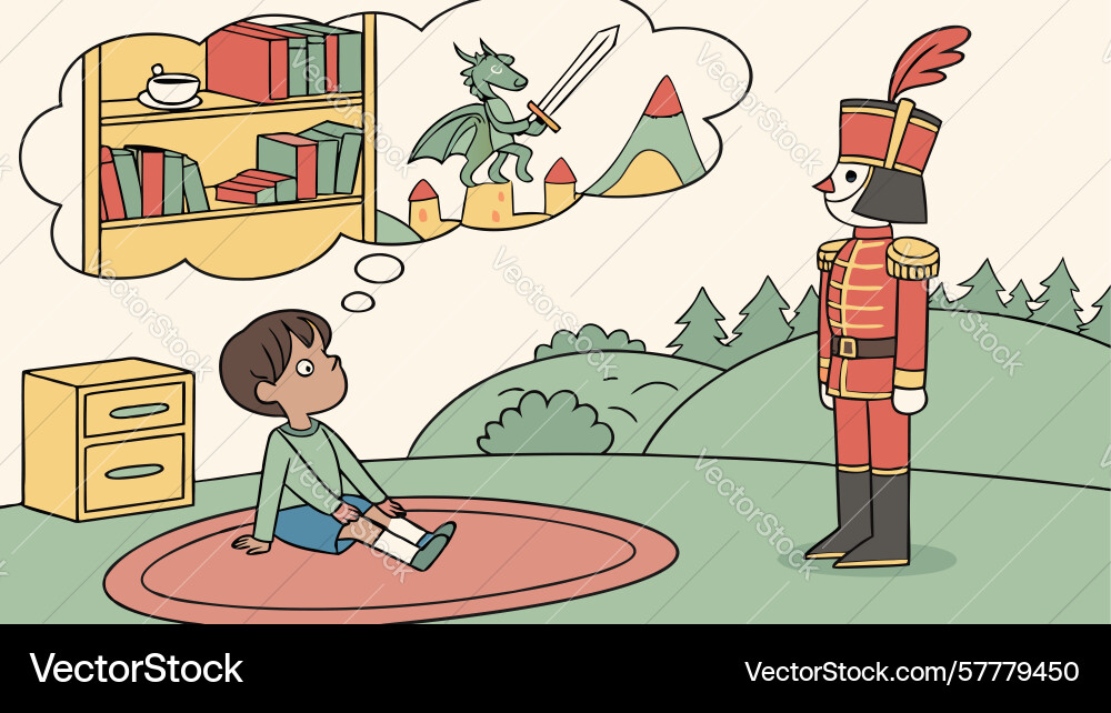 Child with nutcracker dreams of a magical library Vector Image
