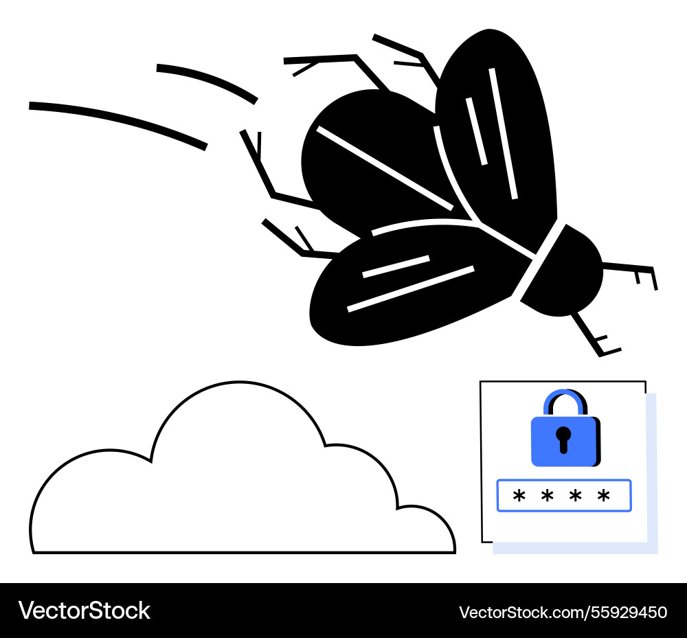 Cybersecurity-Bedrohungen durch fliegenden Fehler Cybersecurity-Bedrohungen durch fliegenden Fehler vektorbild