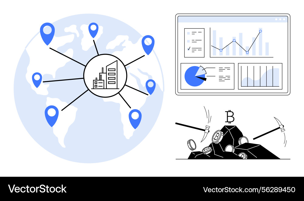 Global blockchain mining network with data Global blockchain mining network with data vector image