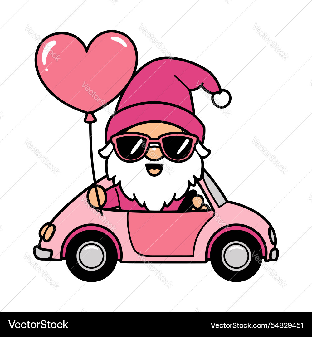 Cute gnome driving pink car with heart balloon Cute gnome driving pink car with heart balloon vector image