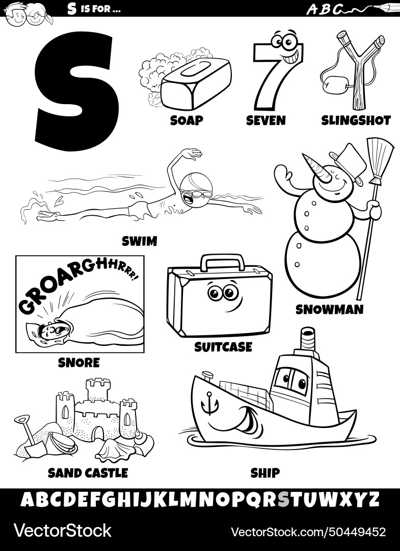 Letter s set with cartoon objects and characters Vector Image