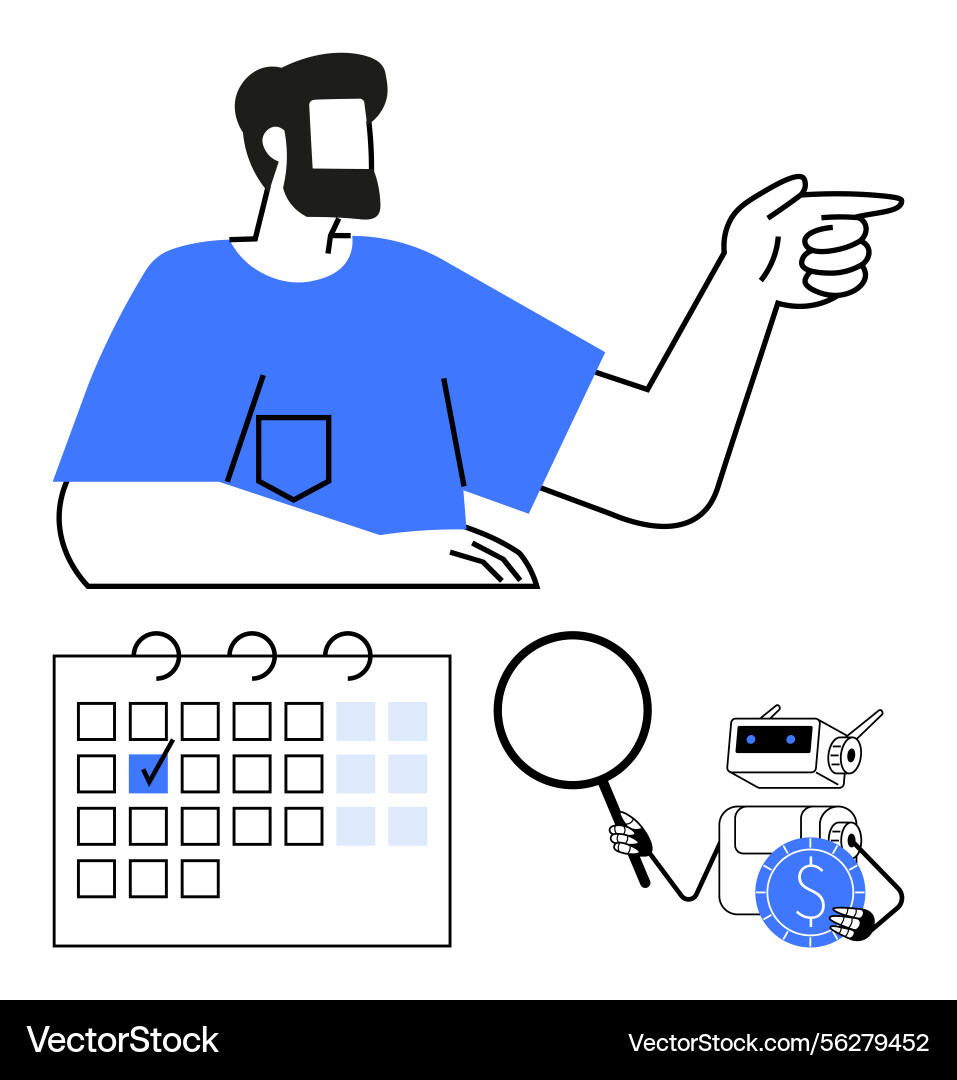 Man pointing with calendar robot examining Man pointing with calendar robot examining vector image