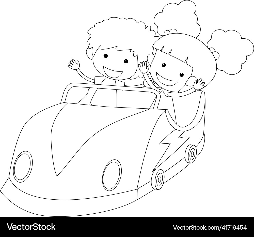 Kids in racing car black and white doodle Kids in racing car black and white doodle vector image