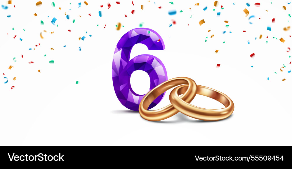 Purple number 6 and golden wedding rings Purple number 6 and golden wedding rings Vector Image