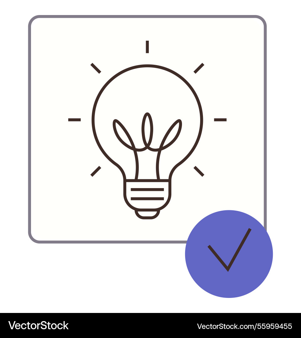 Light bulb with glowing rays and checkmark Light bulb with glowing rays and checkmark Vector Image