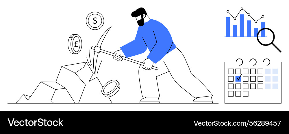 Man mining for currency with pickaxe alongside Man mining for currency with pickaxe alongside vector image