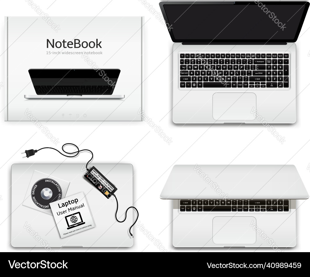 New notebook computer and cardboard box top view New notebook computer and cardboard box top view Vector Image