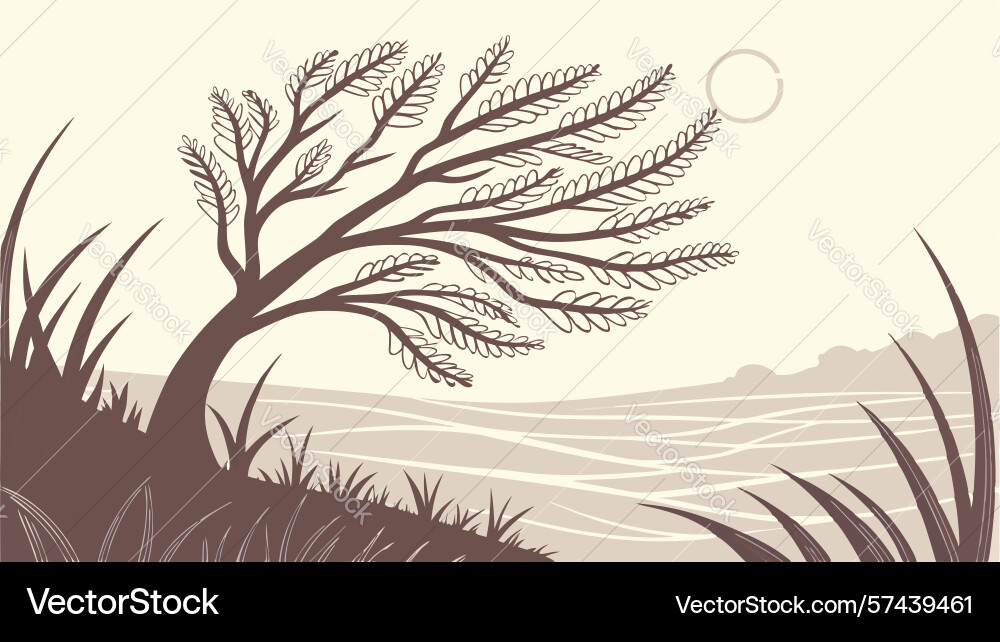 Gnarly twisted tree in abstract landscape design vector image