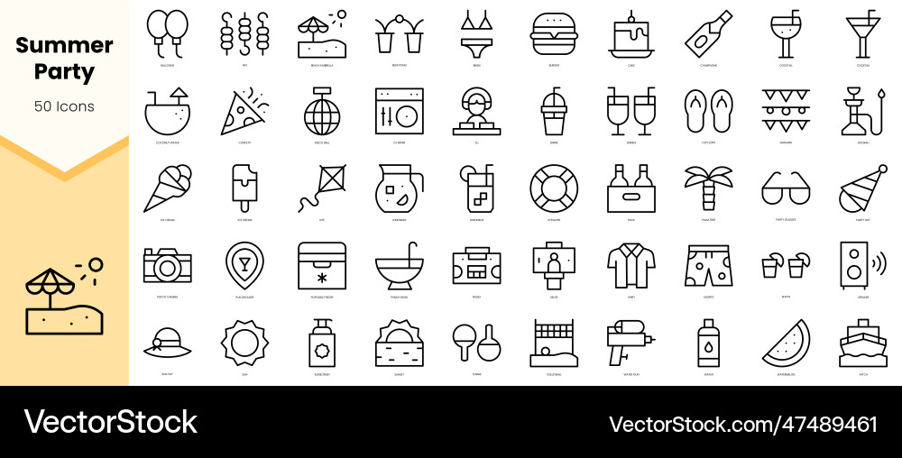 Set of summer party icons simple line art style vector image