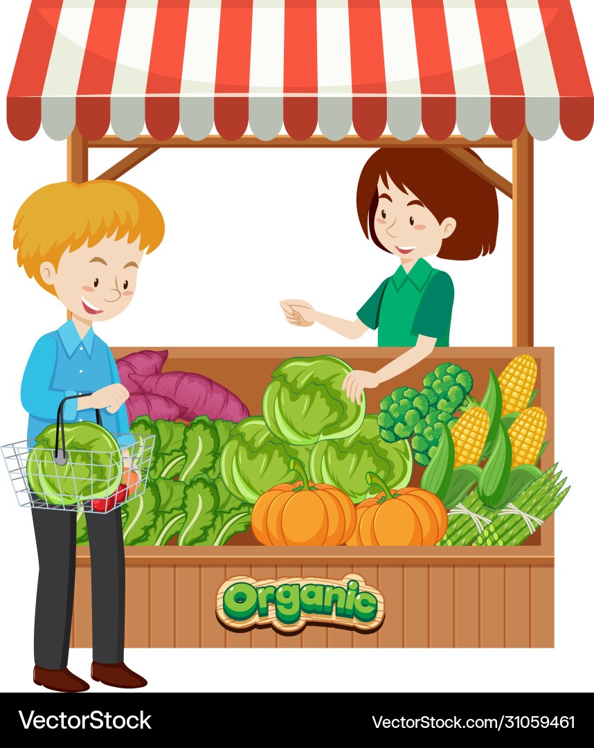 Shopkeeper and customer at vegetables vendor Shopkeeper and customer at vegetables vendor vector image