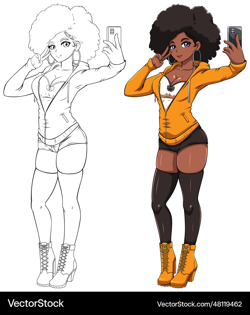 Black anime girl taking selfie on white Black anime girl taking selfie on white vector image