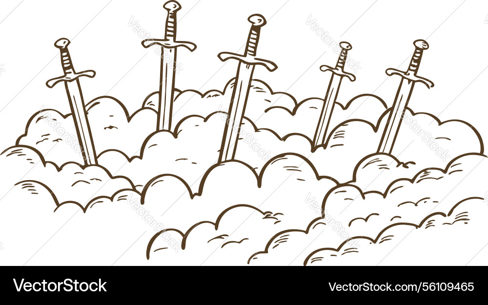 Array of swords standing upright in the ground Array of swords standing upright in the ground Vector Image