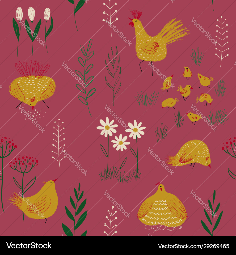 Charming Chicken \u0026 Flower Pattern – Royalty-Free Vector | VectorStock, image size:1000x1080