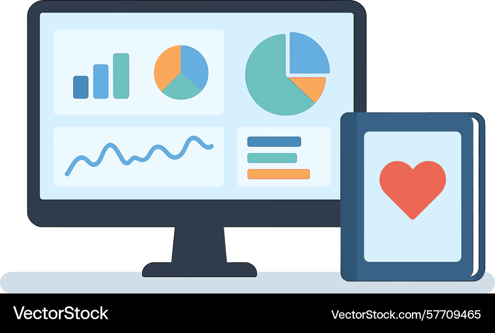 Computer displaying charts with a tablet showing Computer displaying charts with a tablet showing vector image