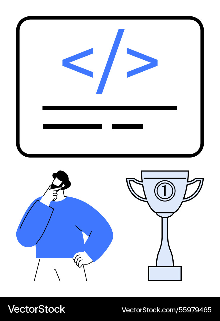 Developer contemplating code with a trophy Developer contemplating code with a trophy Vector Image