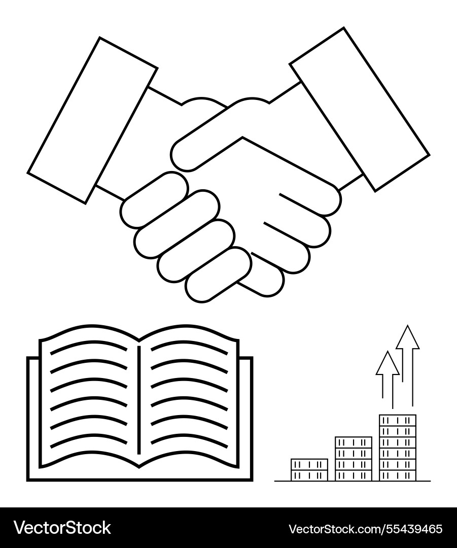 Handshake symbol with open book and growth chart Vector Image