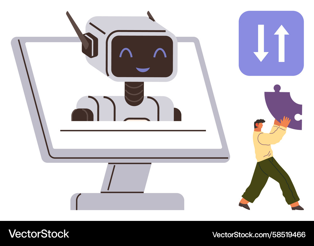 AI Robot with Puzzle & Data Flow Vector Image