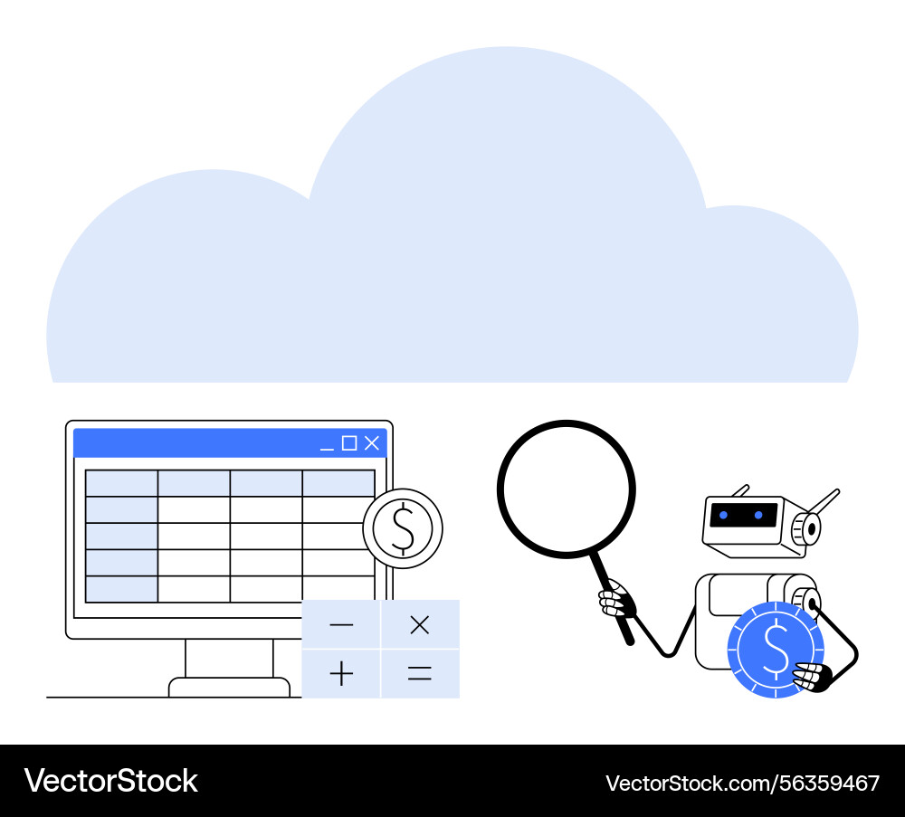Robot analyzing financial data in cloud computing Robot analyzing financial data in cloud computing vector image