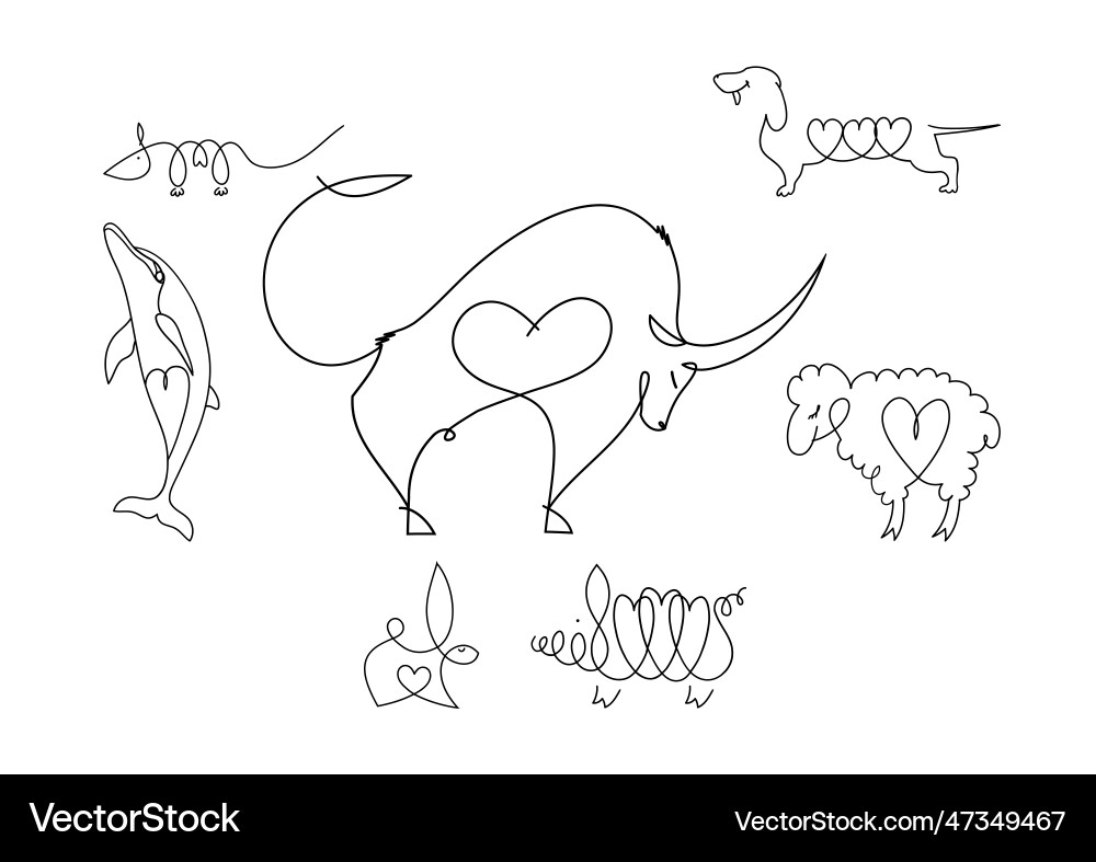 Set of animals in a linear style with heart Set of animals in a linear style with heart vector image