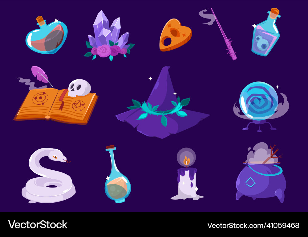 Cartoon magic items elements isolated icons set Vector Image