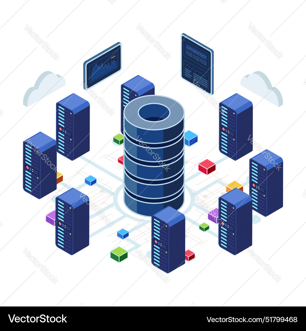 Isometric data center with servers and network Isometric data center with servers and network vector image