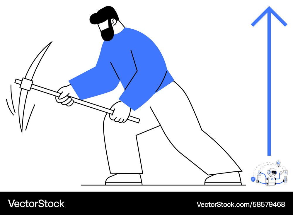 Man using pickaxe for mining with growing arrow Vector Image