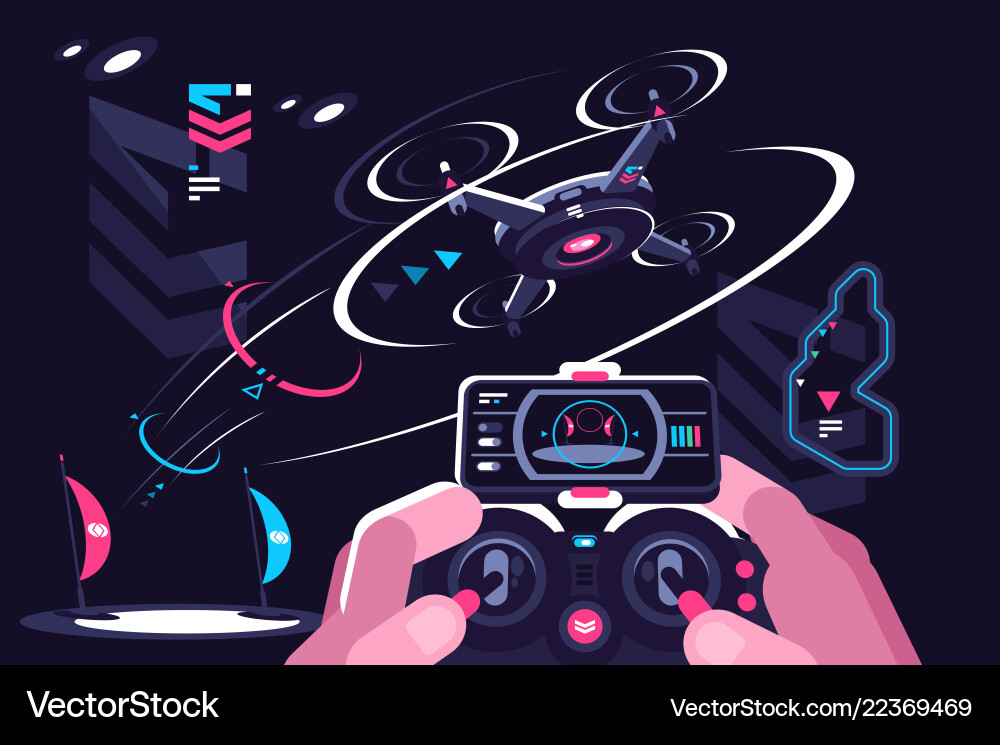 Hands holding controller flying drone quadcopter vector image