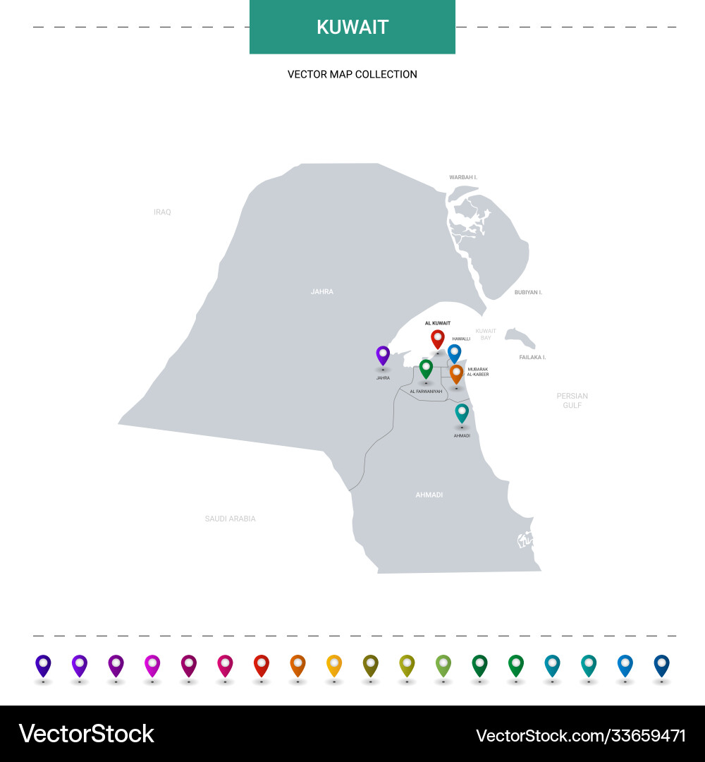 Kuwait map with location pointer marks vector image