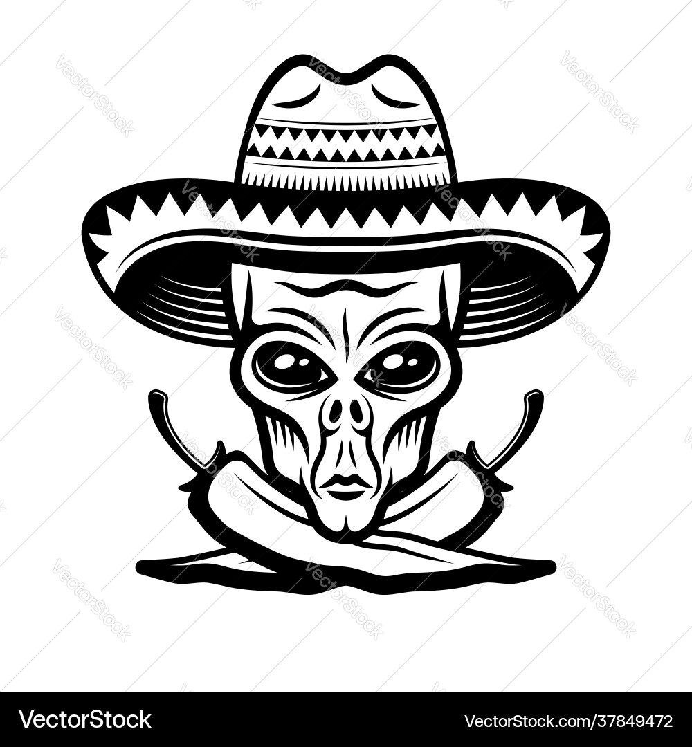 Alien head in sombrero and two crossed chili Alien head in sombrero and two crossed chili vector image