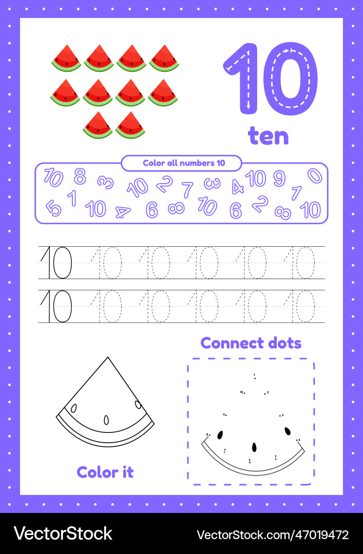 Learning numbers number 10 trace color dot Learning numbers number 10 trace color dot vector image
