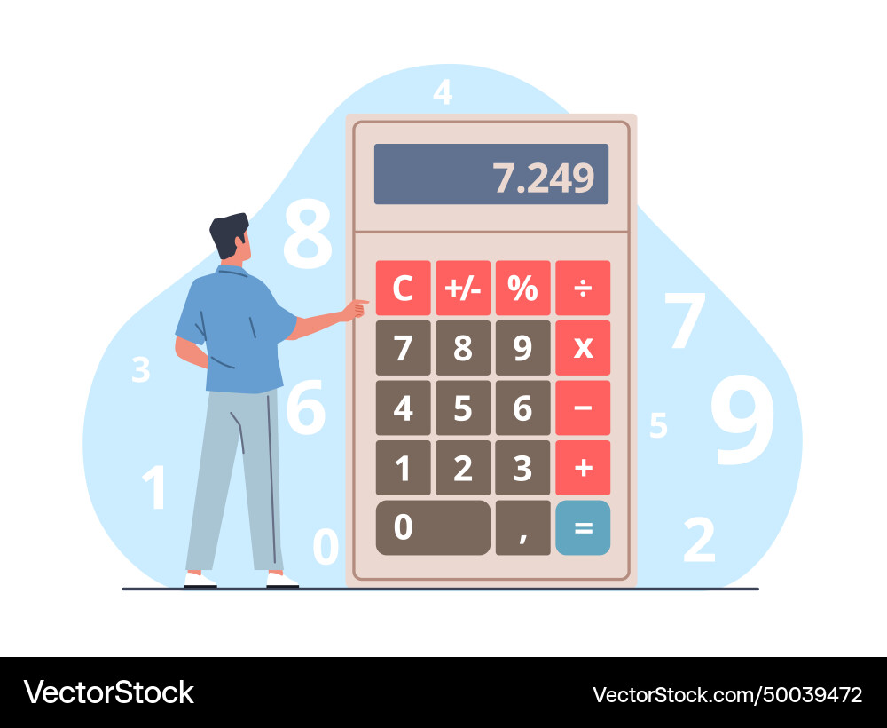 Man Using Large Calculator for Math Calculations Vector Image