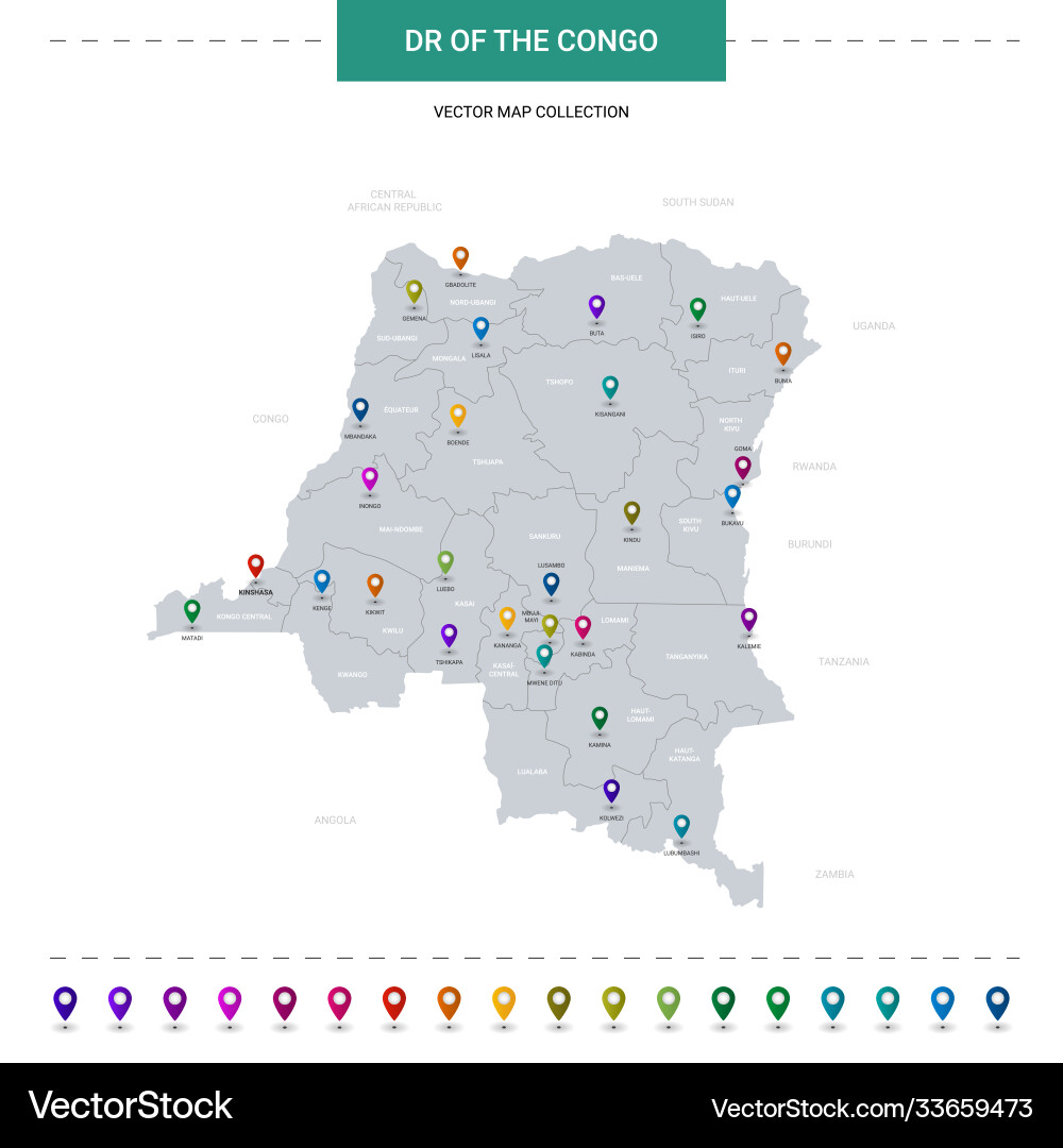 Dr congo map with location pointer marks Dr congo map with location pointer marks Vector Image