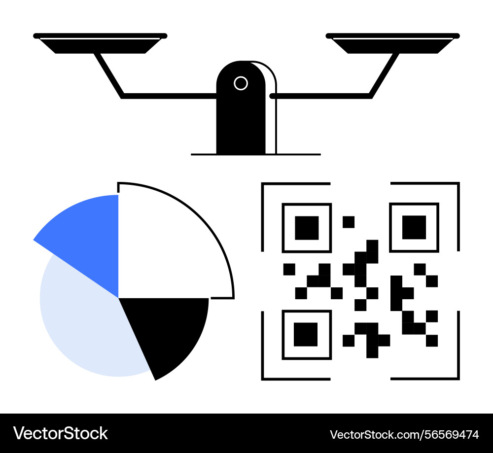 Balance scale with pie chart and qr code conveying Vector Image