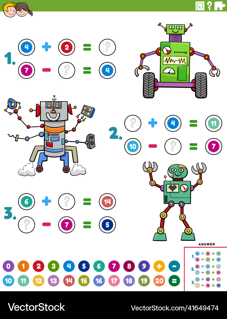 Math addition and subtraction task with cartoon Math addition and subtraction task with cartoon Vector Image