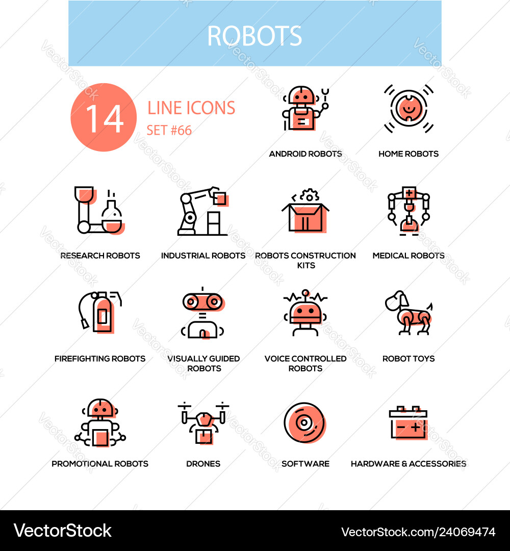 Robots concept - line design style icons set Robots concept - line design style icons set vector image