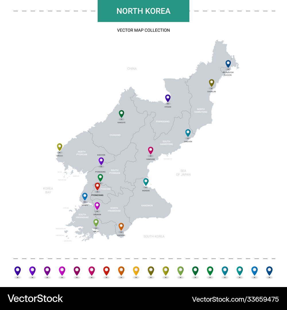 North korea map with location pointer marks North korea map with location pointer marks vector image