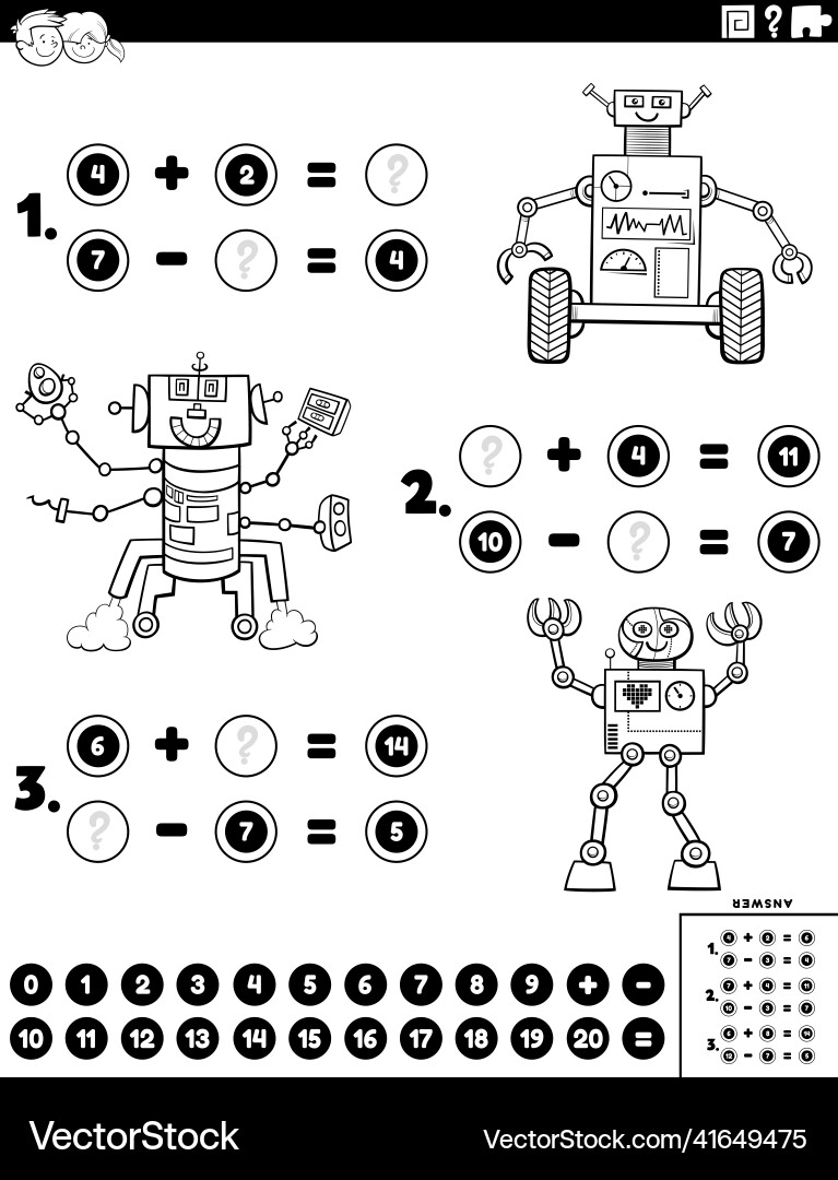 Robot Math Puzzle: Addition & Subtraction Vector Image