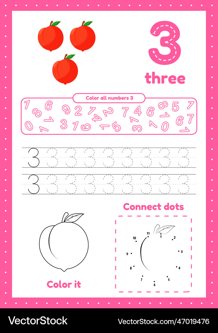 Learning numbers number 3 trace color dot Learning numbers number 3 trace color dot vector image