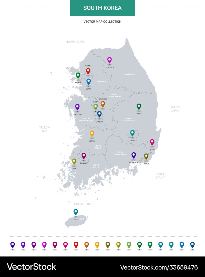 South korea map with location pointer marks vector image