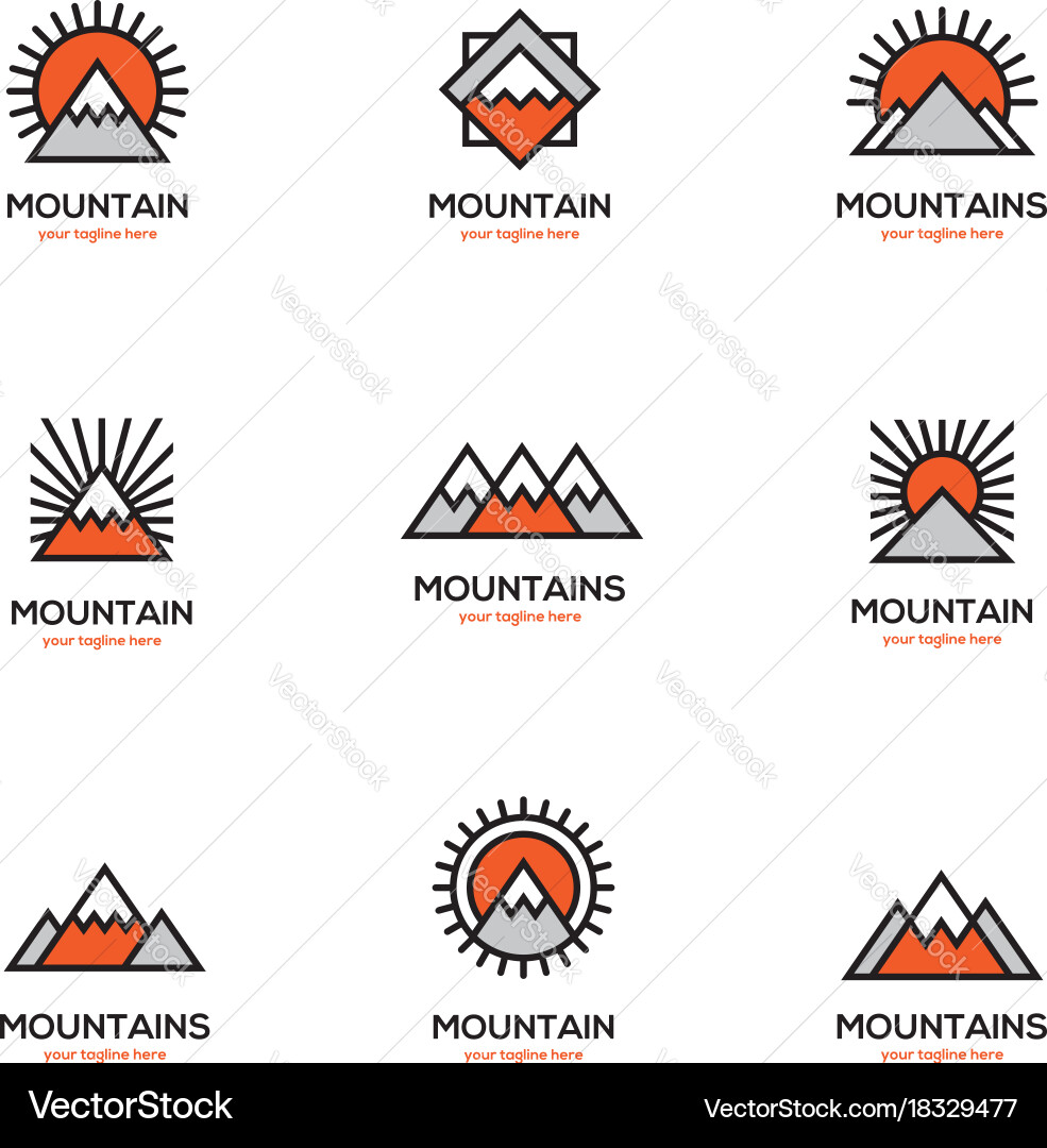 Mono line mountain icon set vector image