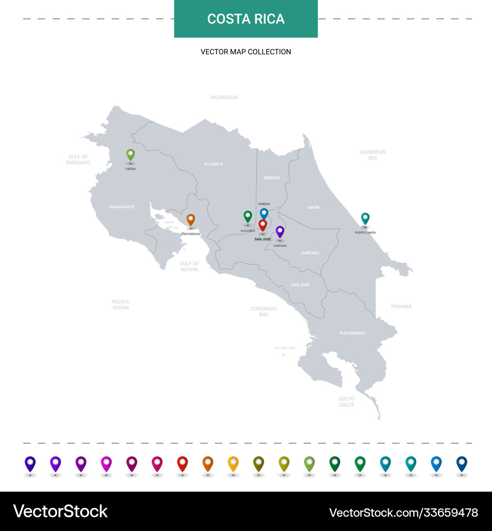 Costa rica map with location pointer marks vector image