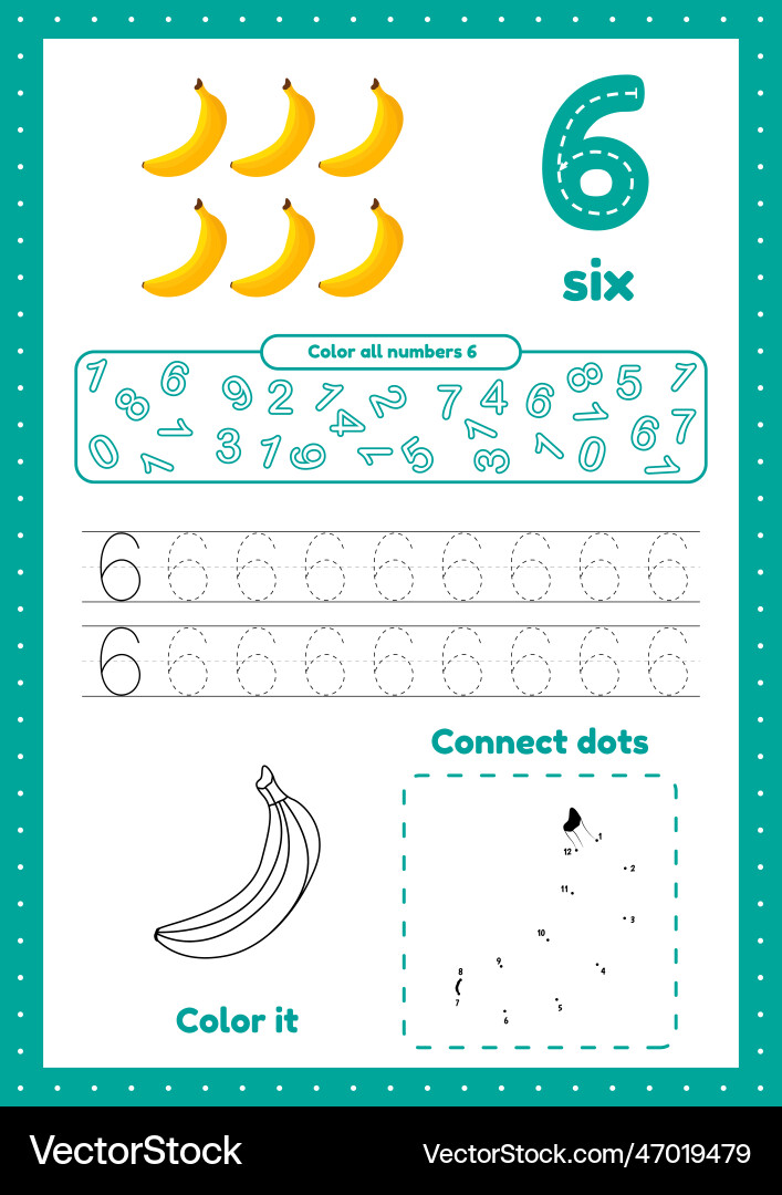Learning numbers number 6 trace color dot Learning numbers number 6 trace color dot vector image