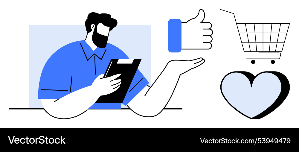 Man with tablet and symbols representing approval Vector Image