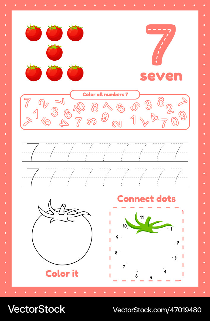 Learning numbers number 7 trace color dot Learning numbers number 7 trace color dot vector image
