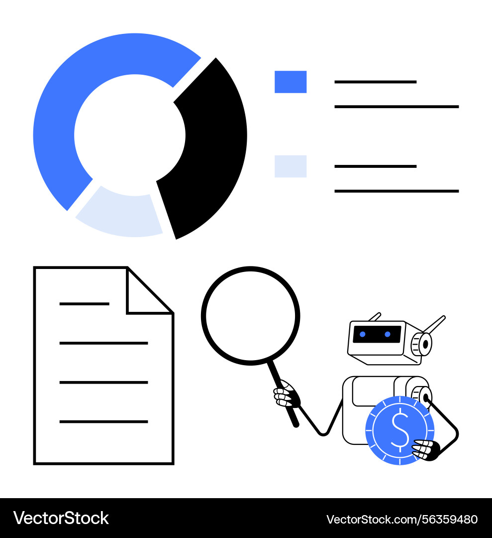 Robot analyzing financial data with magnifying Robot analyzing financial data with magnifying vector image