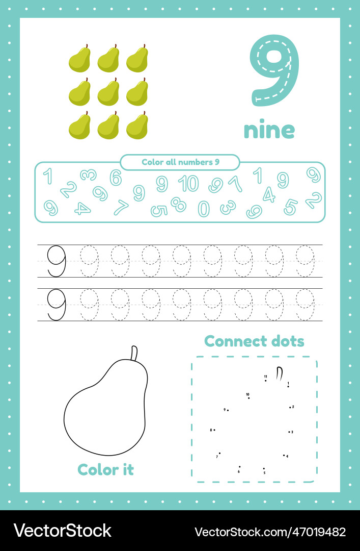 Learning numbers number 9 trace color dot Learning numbers number 9 trace color dot vector image