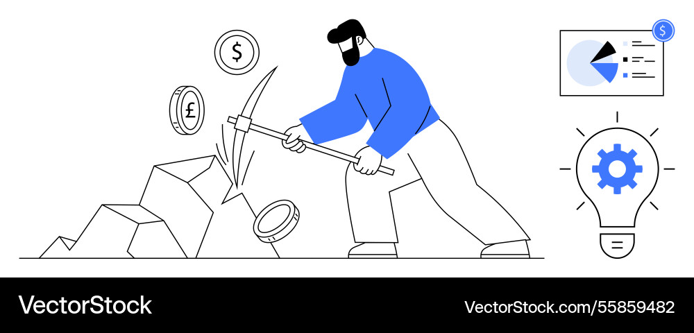 Man mining currency symbols with pickaxe Man mining currency symbols with pickaxe vector image